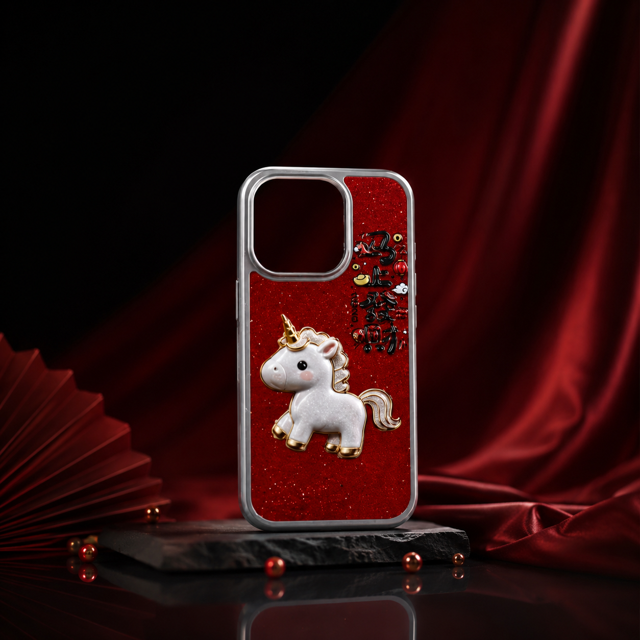 Red Glitter 3D Unicorn Phone Case, Lucky Get Rich Soon Protective Cover for iPhone