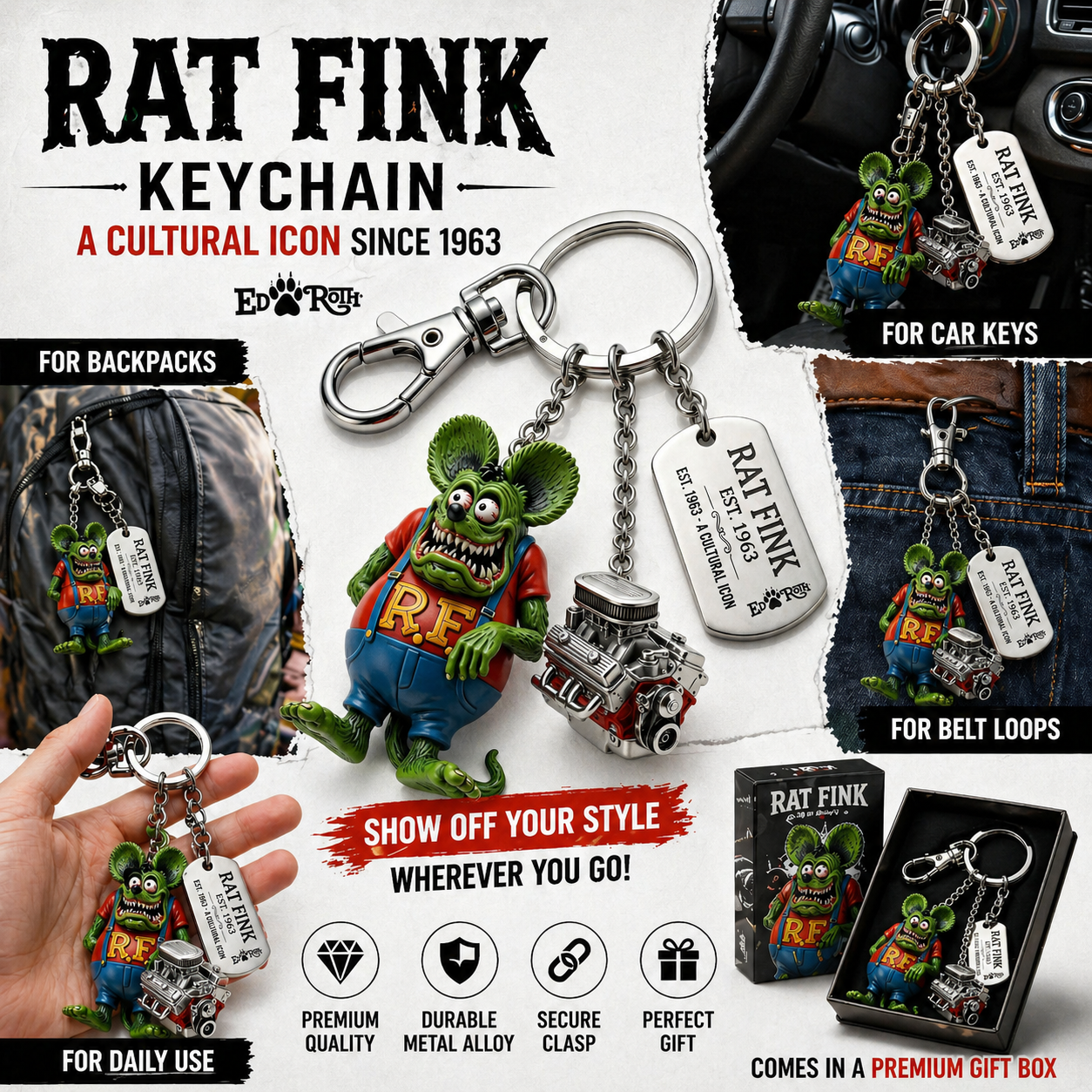 Rat Fink Retro Hot Rod Keychain