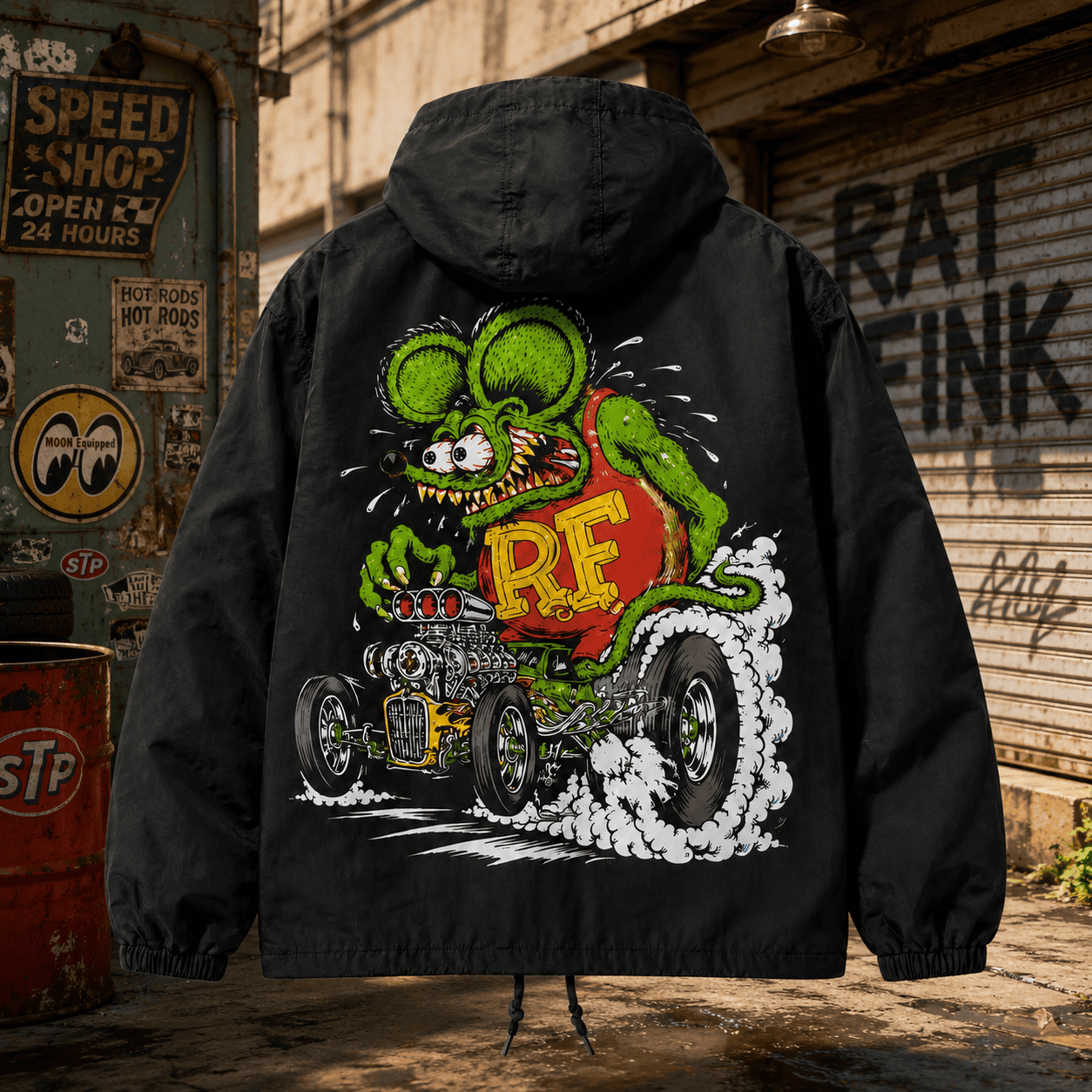 Rat Fink Hot Rod Windproof Hooded Jacket, Kustom Kulture Street Racing Coat