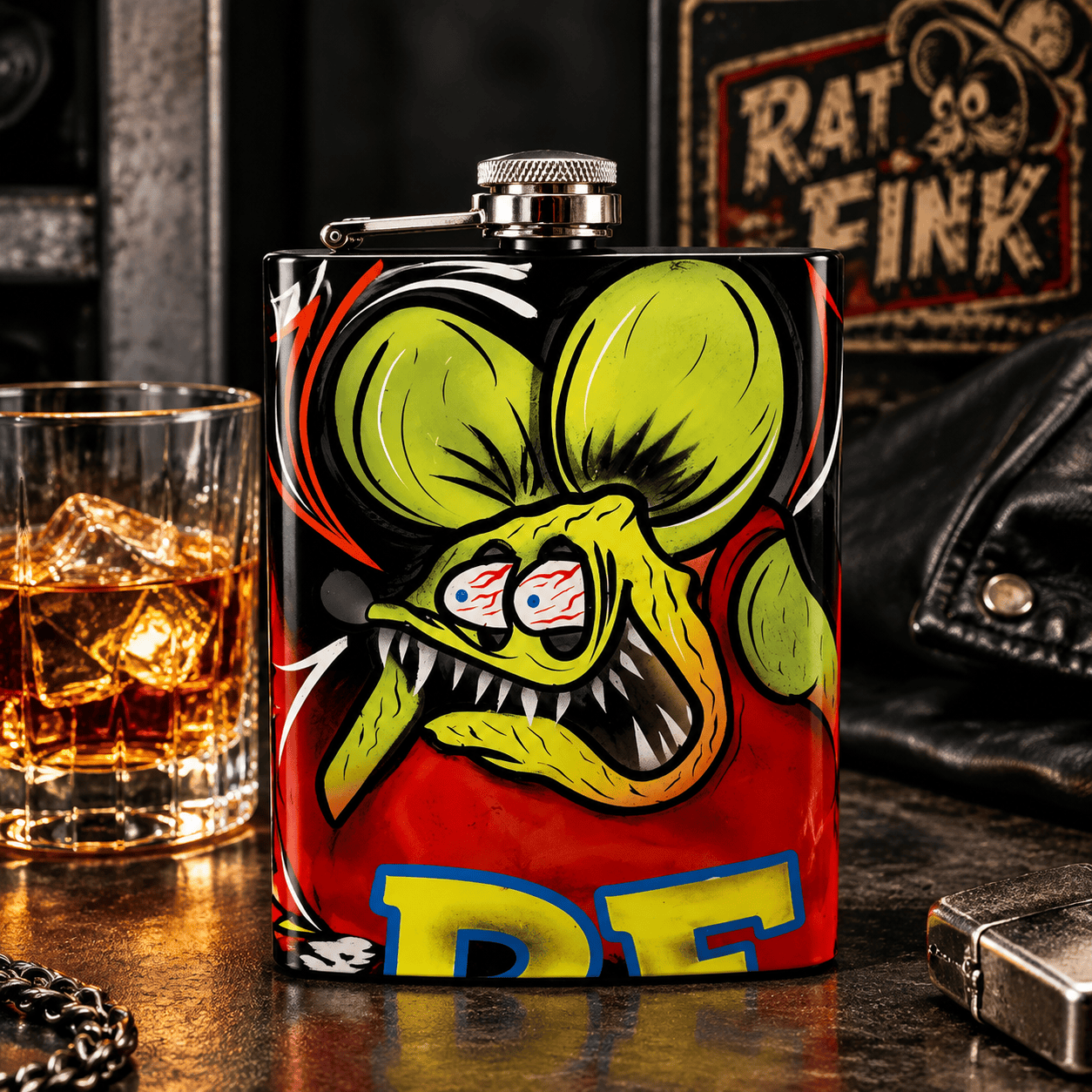 Hot Rat Rod Pinstripe flame Tattoo Flash Hand Painted Custom Rat Fink Flying Eye flask