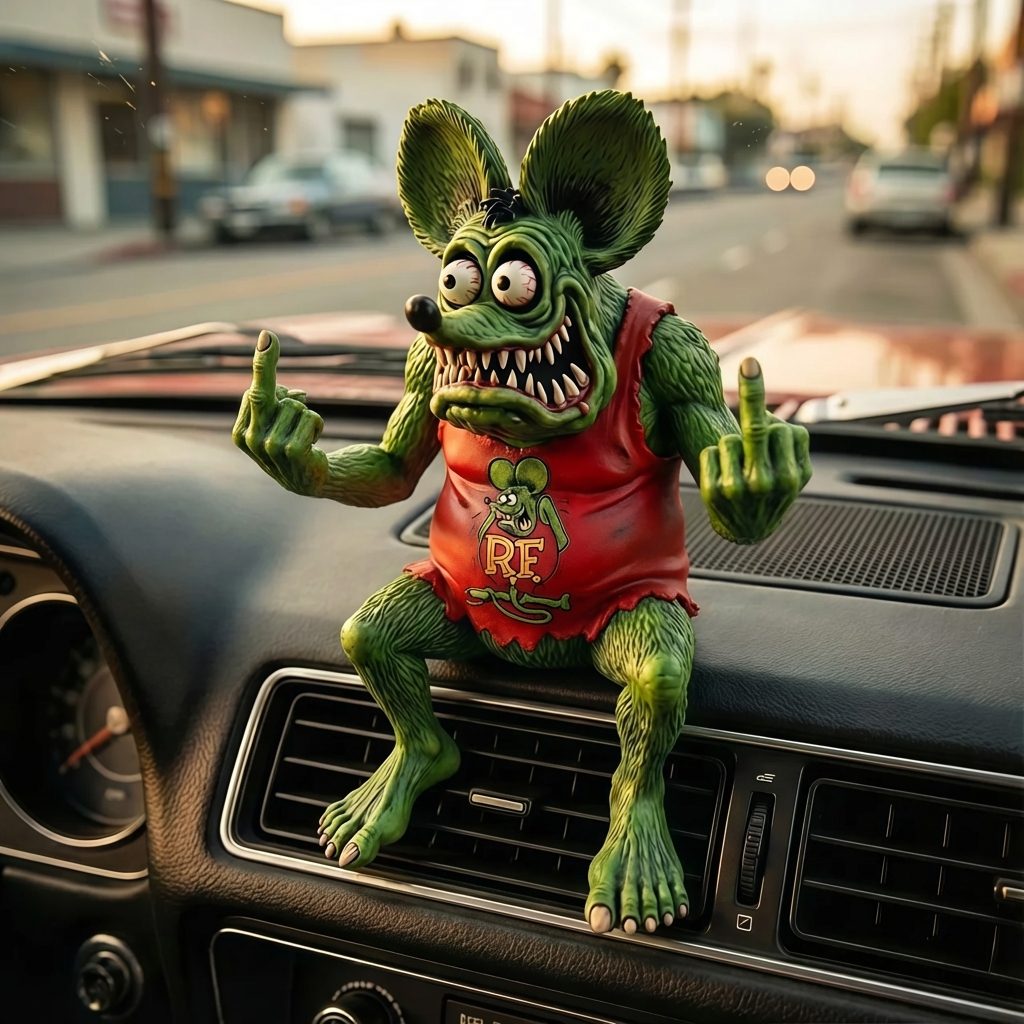 Alternative character collectible displayed in a car interior