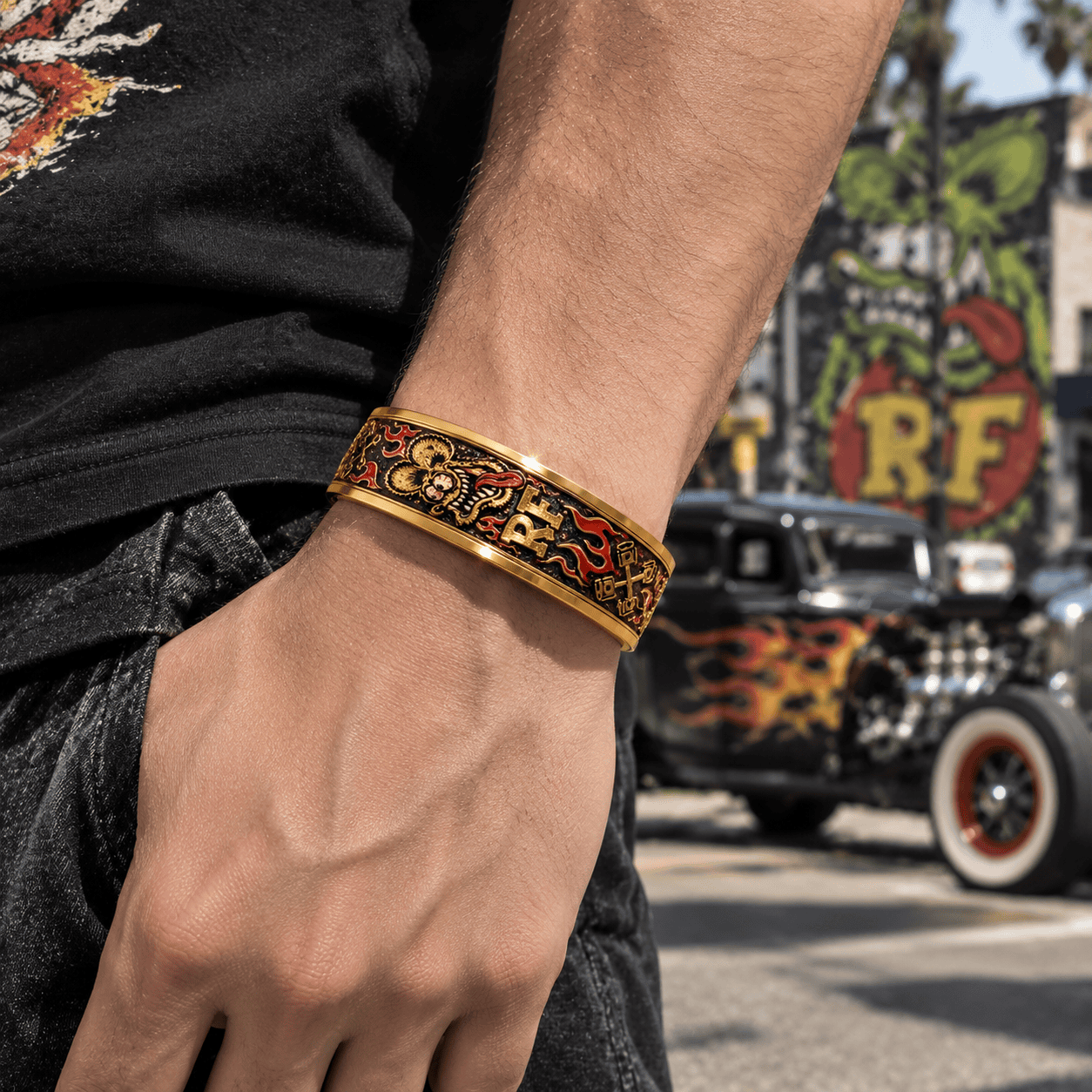 Alternative graphic bracelet styled with casual streetwear