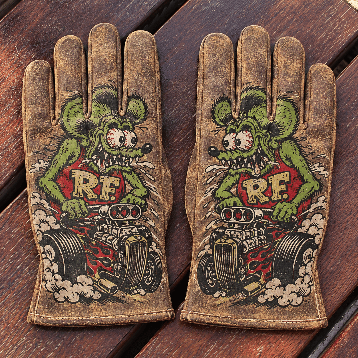 Rat Fink Hot Rod Distressed Leather Riding Gloves